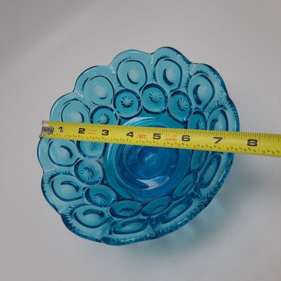 LE Smith Blue Glass Moons & Stars Scalloped Edge Pedestal Bowl Compote - Picture 3 of 13